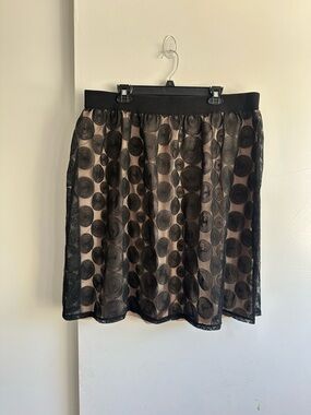 Lane Bryant Black Sheer Polka-Dot Overlay Midi Skirt with Nude Lining